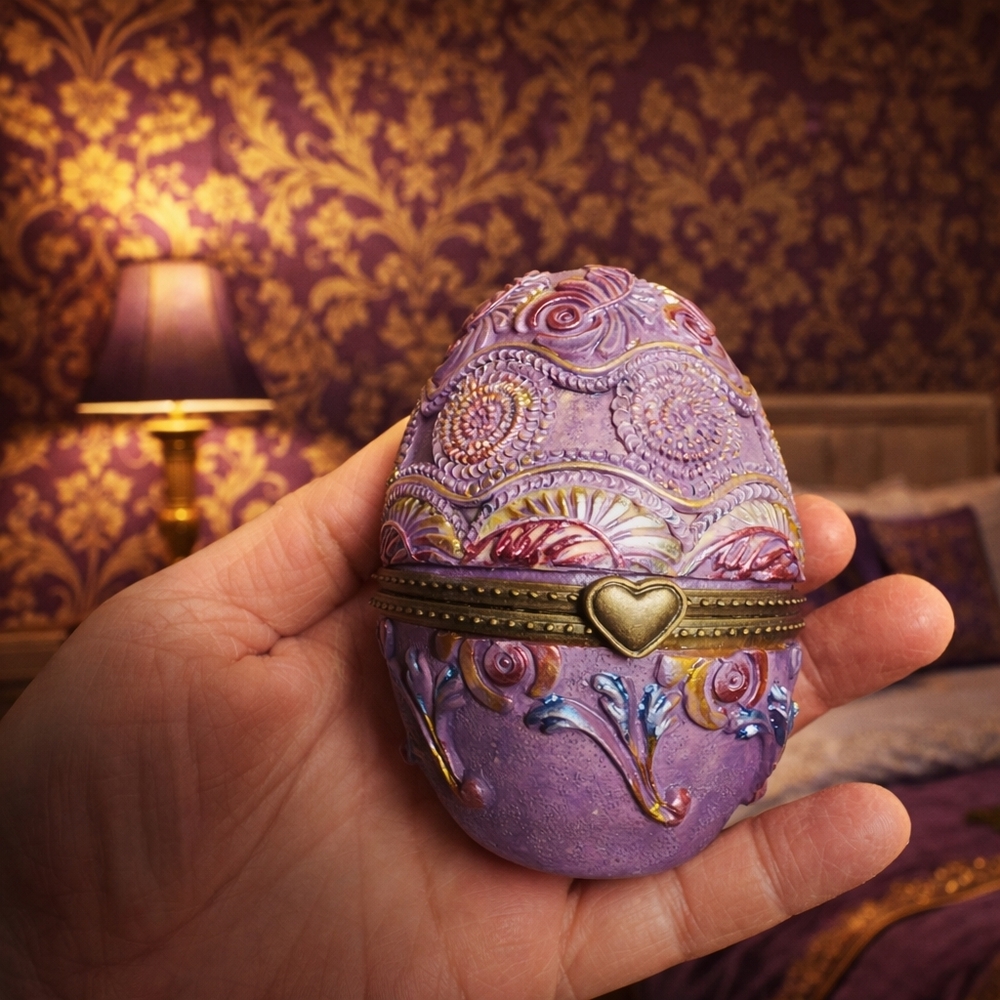 Ornate Purple Egg Trinket Box with Cute Heart Clasp Resin Scrollwork Classy